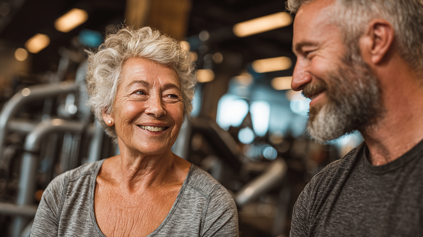 Grup de seniori zâmbitori după o sesiune de fitness în studio